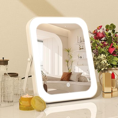 ROLOVE 8"x10" Lighted Vanity Mirror, Makeup Mirror with Light, Dimmable Touch Screen, Portable Travel Mirror with U-Shaped Bracket, Cosmetic Mirror with Lights for Makeup Desk ＆ Dressing Room